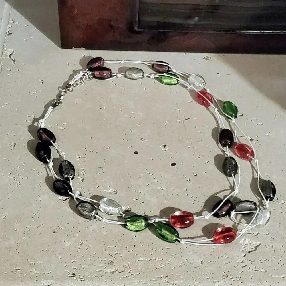 Murano Glass Beads Double Strand 24" Long Jewel Tone Colors Necklace